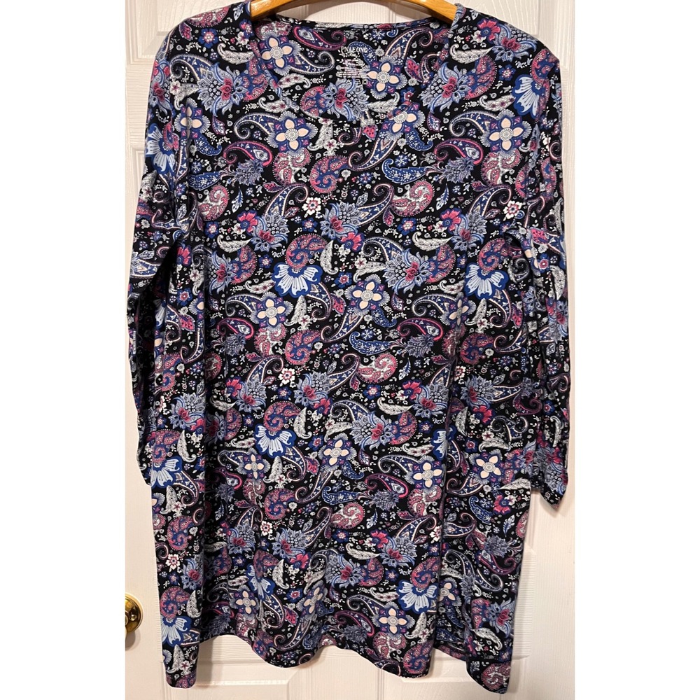 Pnaeong Womens 3XL Paisley Print‎ Long Sleeve Scoop Neck Nightgown Black Pink